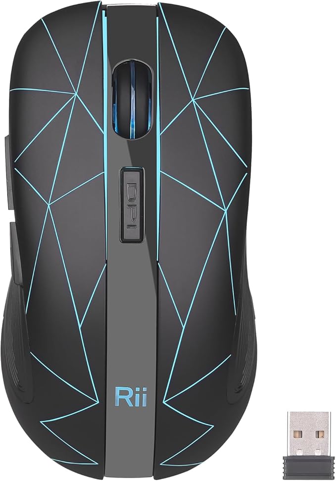 Rii RM200 2.4G Wireless Mouse with USB Nano Receiver, 5 Buttons Rechargeable Mouse,Colorful Backlit RGB Gaming Mouse for Notebook,PC,Computer-Black