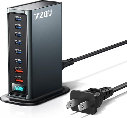 Rocoren 720w USB C Charger Block, 8-Port USB Charging Station with Dual PD 140W Fast Charging Station Hub for Multiple Devices, Laptop GaN Ⅲ Charger for iPhone 17, MacBook Pro/Air, iPad, Samsung