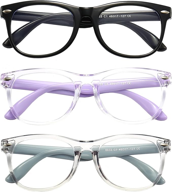 FANNYGO 3 Pack kids Blue Light Blocking Glasses For Girls And Boys Computer Blue Light Blocking Glasses For Age 3-9 (Black + Light purple + Light gray)