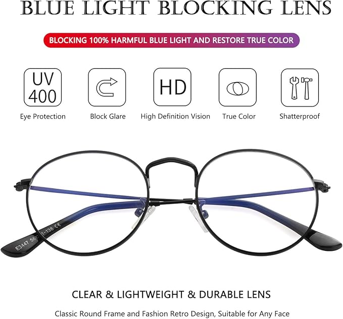 AIEYEZO Blue Light Glasses for Women Men Fashion Retro Circle Wire Frames Eyeglasses Anti-Blue Light Computer Gaming Glasses