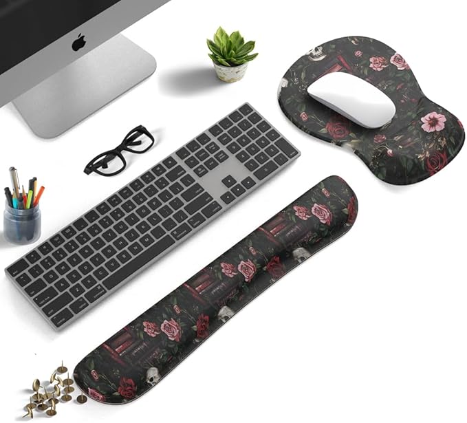 Gothic Skull Rose Ergonomic Mouse Pad with Wrist Rest & Keyboard Wrist Support Set - Non-Slip Gaming Office Desk Mat, Comfortable Memory Foam Cushion for Computer/Laptop Users, Home Office Workers