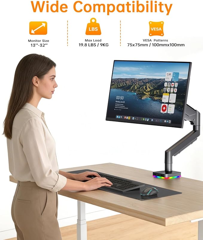 Afaloona RGB Single Monitor Stand, Gas Spring Monitor Arm with 3 USB Ports, Charging and USB Data Transfer Function, Desk Mount for 13"-32" Monitors up to 19.8lbs, Adjustable Height,Swivel,Rotate,Tilt