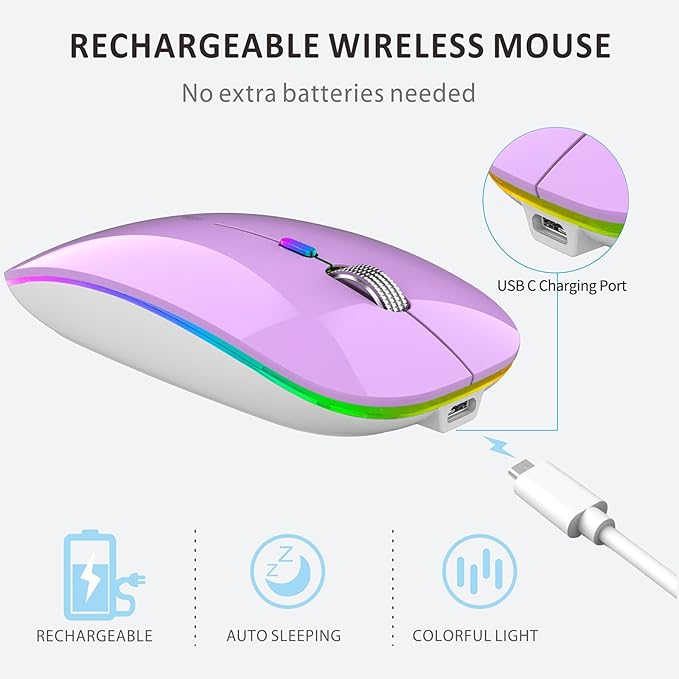Uiosmuph LED Wireless Mouse, G12 Slim Rechargeable Silent Mouse, 2.4G Portable USB Optical Wireless Computer Mice with USB Receiver and Type C Adapter (Purple)