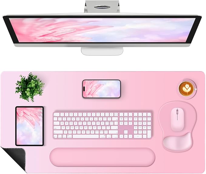 4-in-1 Large Gaming Mouse Pad, Keyboard Wrist Rest Pad & Wrist Support Mousepad Set, Extended Desk Pad Waterproof Desk Mat for Girl Women Home Office Decor Study Game 35.4×15.7 Inches I Soft Pink