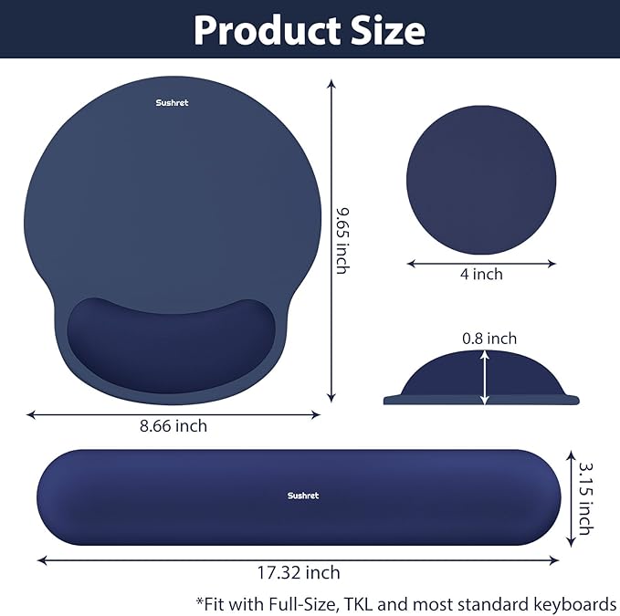 Sushret Mouse Pad and Keyboard Wrist Rest, 3-in-1 Gel Memory Foam Ergonomic Mouse Pad with Wrist Rest Set, Gaming Mousepad Arm Cushion Support for Computer Office Desk Accessories Cute Setup,Dark Blue
