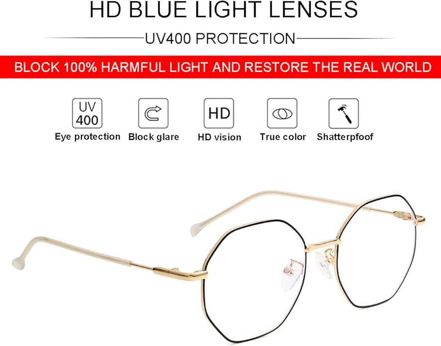 JOVAKIT Polygon Blue Light Blocking Glasses for Women Men Vintage Octagon Square Non-prescription Metal Eyeglasses