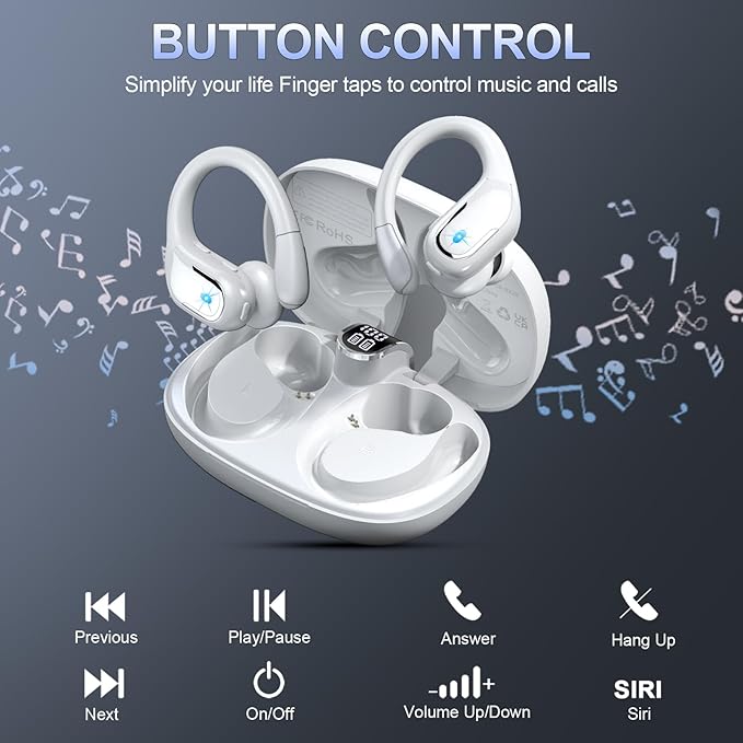 Wireless Earbuds, 75Hrs Bluetooth 5.3 Headphones Sport, Bluetooth Earbuds with ENC Noise Canceling Mic, Bass Stereo Wireless Earphones IP7 Waterproof Over Ear Buds with Earhooks for iOS/Android, White