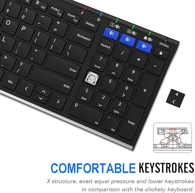 Arteck HB193 Universal Bluetooth Keyboard Multi-Device Stainless Steel Full Size Wireless Keyboard for Windows, iOS, Android, Computer Desktop Laptop Surface Tablet Smartphone Rechargeable Battery