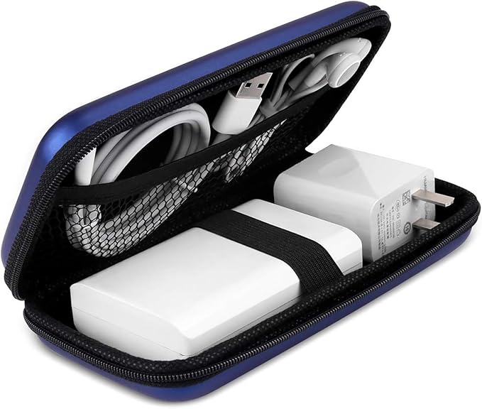 iMangoo Travel Essential Electronics Organizer Charger Case, Shockproof Dual Zipper Power Bank Cables Tech Accessories Pouch Purse, Men & Women Travel Must Have Storage Bag, 6.5x3.2x1 inch Blue