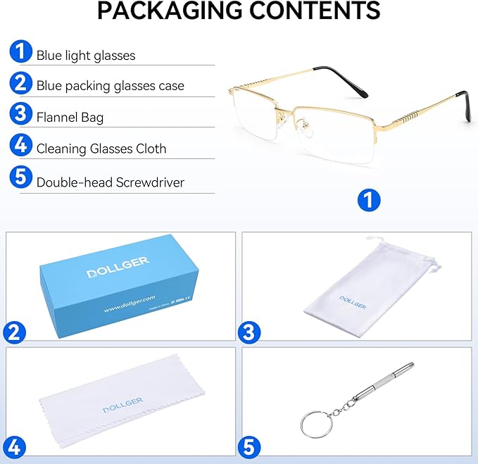 Dollger Rectangle Blue Light Glasses for Men Metal Anti Bluelight Blocking Glasses for Computer Fashion Eyeglasses Small Half