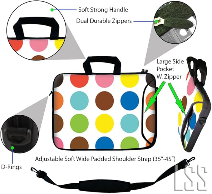 LSS 13.3 inch Laptop Sleeve Bag Notebook with Extra Side Pocket, Soft Carrying Handle & Removable Shoulder Strap for 12" 12.1" 13" 13.3" Apple MacBook Air, GW, Acer, Aspire Asus, Dell, HP, Sony, Toshiba, Samsung - Polka Dots