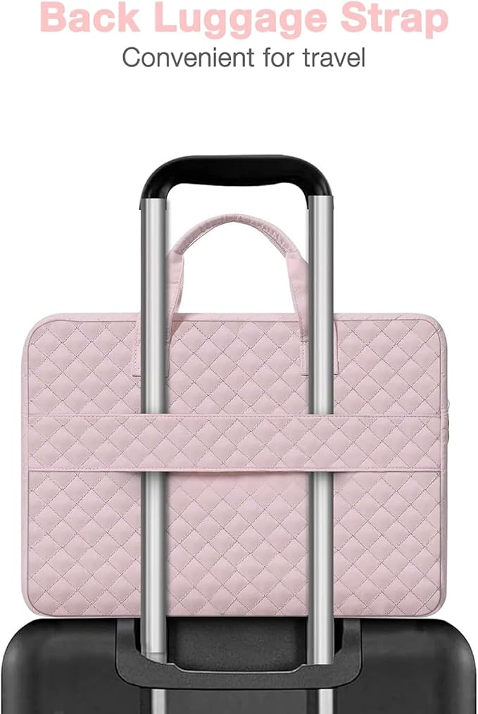 MOSISO 360 Protective Laptop Case 13.3 inch, 13-13.3 inch Laptop Sleeve Compatible with MacBook Air/Pro 13/Pro 14,HP Dell ASUS Lenovo, Square Quilted Bag Cover with 2 Pockets&Handle&Belt, Pink