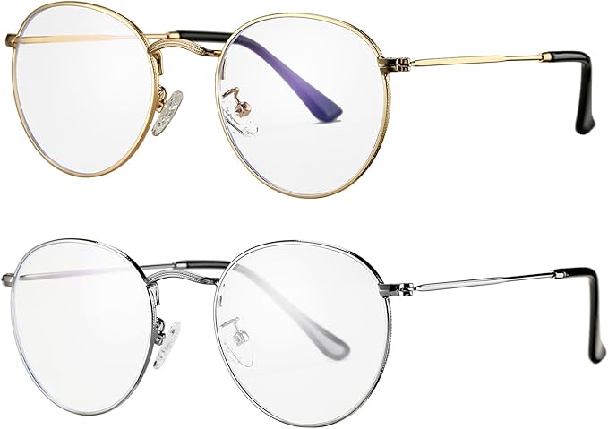 HJSTES Round Blue Light Glasses for Women Men Retro Circle Clear Lens Metal Frame Eyeglasses
