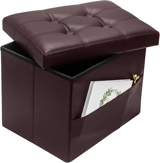 Bsketa Storage Ottoman Foot Rest Stool, Small Leather Storage Ottomans Bench, Folding Footstool with Side Pockets, Foot Rest Under Desk for Living Room Bedroom, 17x13x13 in, Brown