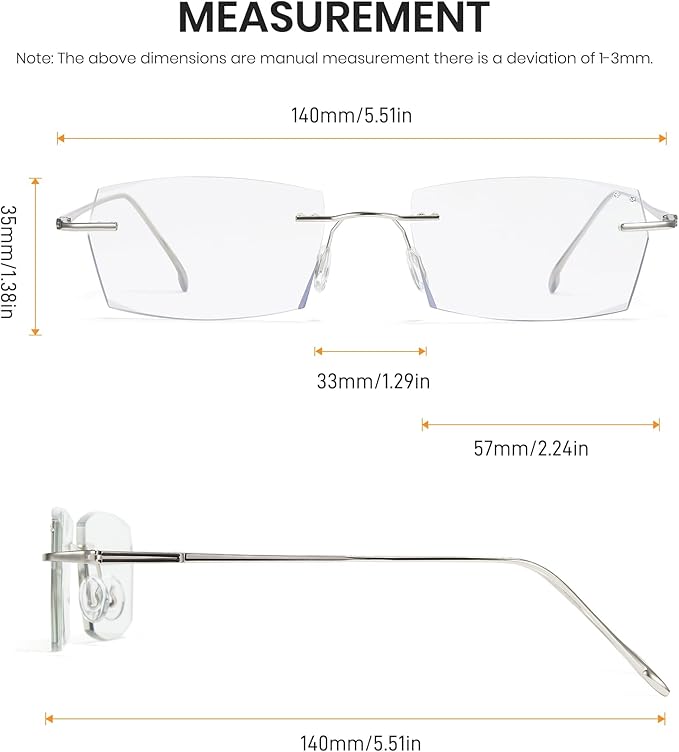 Cyxus Photochromic Blue Light Glasses for Men Women UV Protection Sunglasses Rimless Eyeglasses Ultralight Metal Square Eyewear
