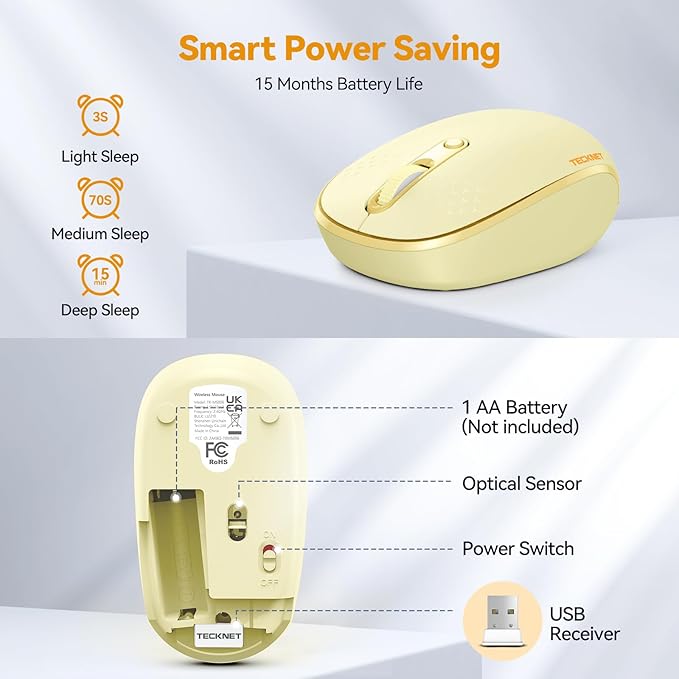 TECKNET Wireless Mouse, 2.4G Quiet Computer Mouse with USB Receiver, 4 Buttons Portable Cordless Mice for Chromebook, Laptop, PC, Mac, 800/1200/1600 DPI - Yellow