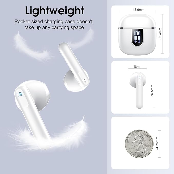 Wireless Earbuds, Bluetooth 5.4 Headphones with 3D Bass Stereo, 40H In-Ear Buds with 4 ENC Noise Cancelling Mic, Ultralight Bluetooth Earbuds USB-C LED, IP7 Waterproof Earphones for Android iOS, White