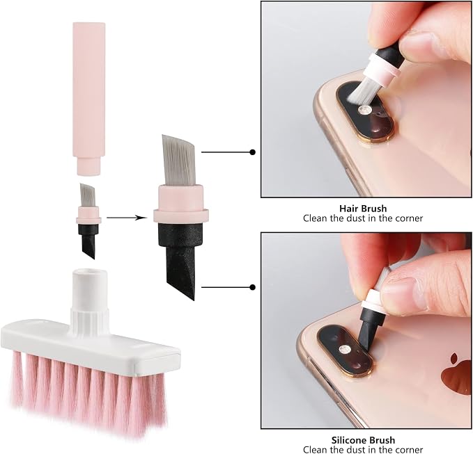 Soft Brush Keyboard Cleaner, Computer Cleaning Tool Kit, 7 in 1 Multipurpose Corner Slit Duster Keycap Puller and Soft Microfiber Brush for Bluetooth Headset Lego Airpods Laptop Camera Lens (Pink) - Image 6