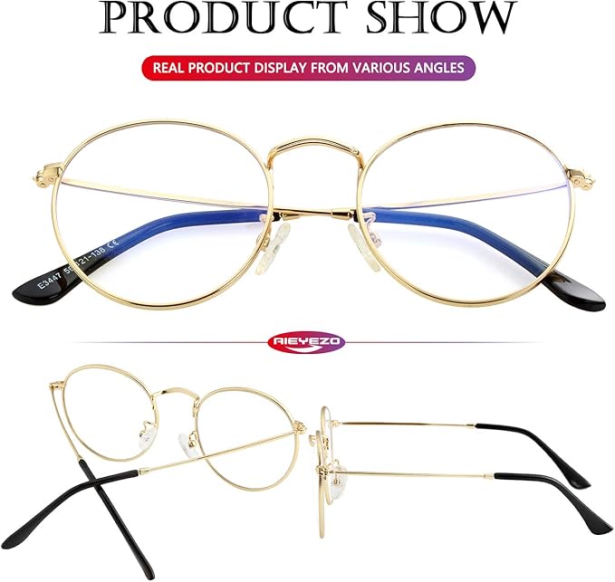 AIEYEZO Blue Light Glasses for Women Men Fashion Retro Circle Wire Frames Eyeglasses Anti-Blue Light Computer Gaming Glasses