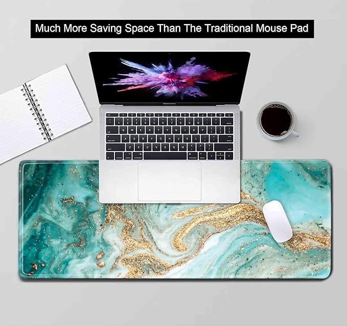 Large Mouse Pad, Extended Gaming Mousepad with Stitched Edges Rubber Base, Modern Teal Keyboard Mouse Mat Desk Pad for Work, Office, Home, 31.5 X 11.8 Inch - Green & Gold Marble Texture Art