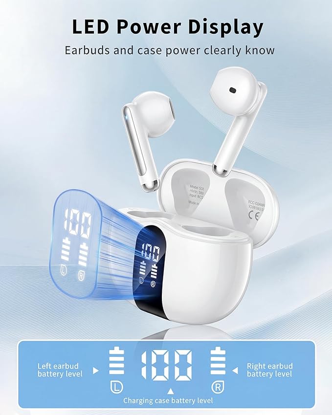 Wireless Earbuds, Bluetooth 5.4 Headphones HiFi Stereo, Ear Buds with 50H Playback, LED Display Wireless Earphones Clear Calls, IP7 Waterproof, Bluetooth Earbuds for Laptop/Phones/Sports, White