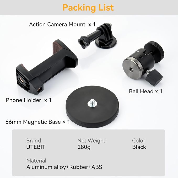 UTEBIT 66mm Strong Magnetic Base Mount for Action Camera, Magnet Camera Mount with 360?? Rotation Ball Head & Phone Holder Mount, Compatible with Gopro Hero, DJI Osmo Action Osmo Nano, Insta360, Black - Image 5