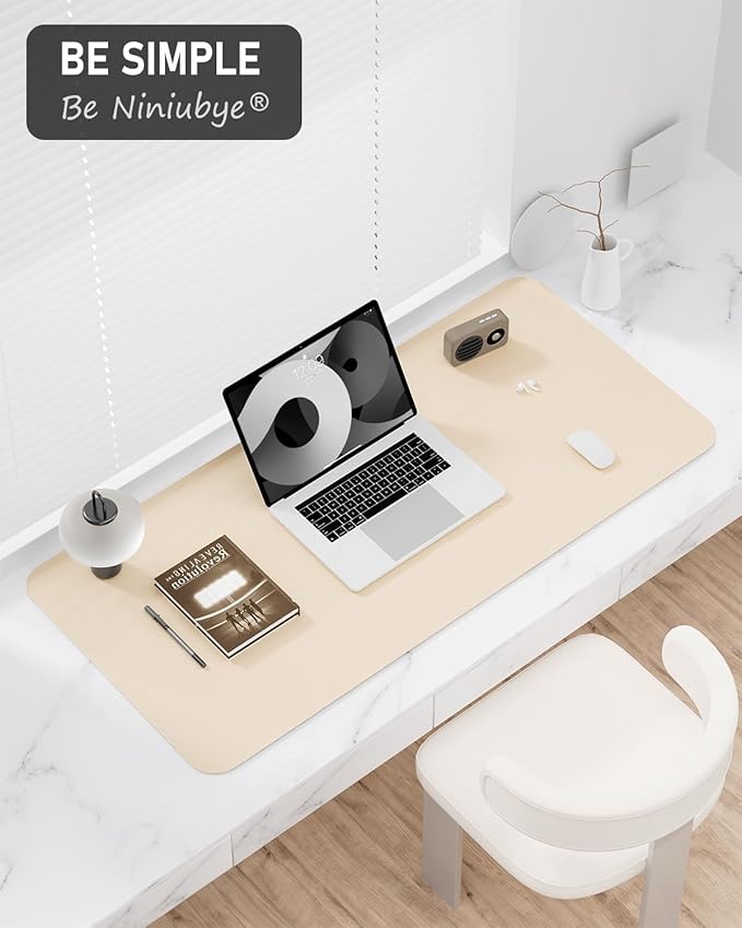Desk Pad, 30" x 14" PU Leather Non-Slip Desk Mat Large Mouse Pad for Desktop, Waterproof Laptop Computer Writing Mat for Office, Home, Work, Gaming, Beige