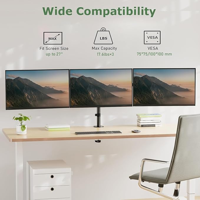 UPGRAVITY Triple Monitor Desk Mount,Three Monitors Stand Fits 3 Screens up to 27 inch,Load Bearing 17.6 lbs Per Arm,Fully Adjustable,Clamp & Grommet Mount,VESA Mount 75x75/100x100mm