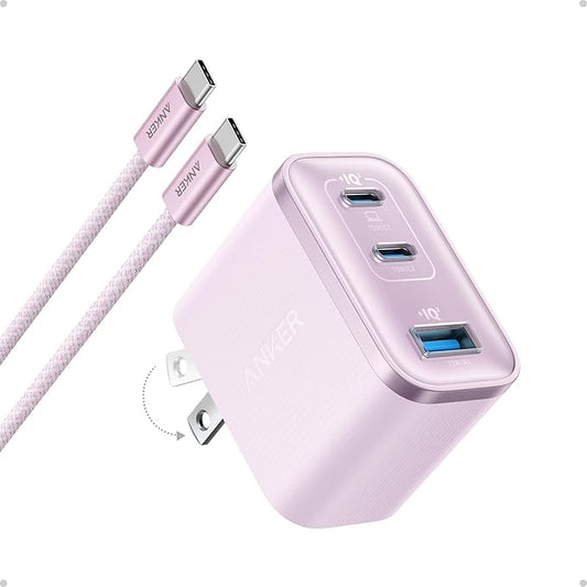 Anker Nano Charger, Ultra-Fast 70W Output 3-Port USB C Charger Block, Fast Charging, Compact and Stylish, for iPhone 17/16 Series, MacBook, iPad, Pixel, Galaxy, and More(Pink, Cable Included)