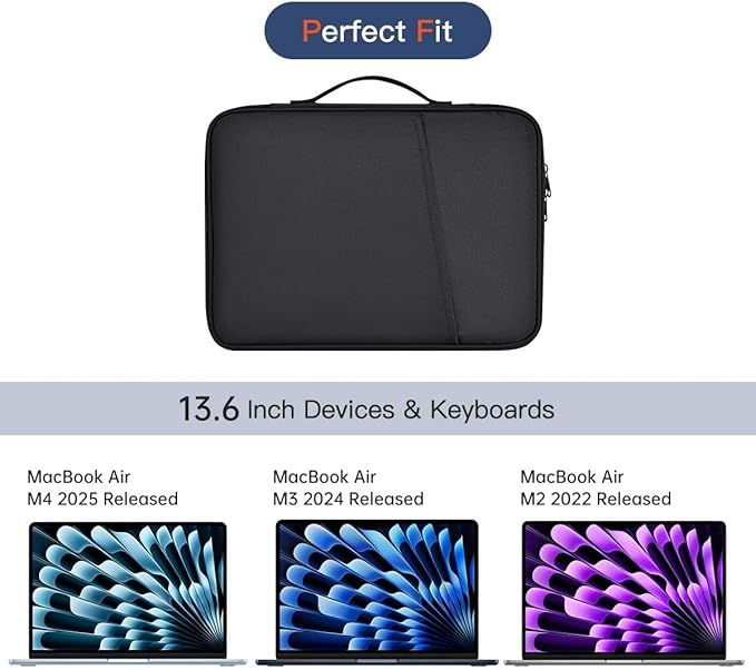 13 Inch Laptop Carrying Sleeve for 2026 2025 Apple MacBook Air 13 Inch Laptop with M5 M4 chip A3449 A3240, MacBook Air 13.6" M3 A3113 2024 / M2 A2681 Protective Bag Case with Handle Pocket - Black