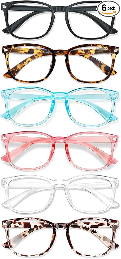Blue Light Glasses for Woman Men | 99% Blue Light Blocking Glasses for Computer Gaming TV Phone Screen Square Frame | Anti Eyestrain & UV Glare Protection - 6 Pair