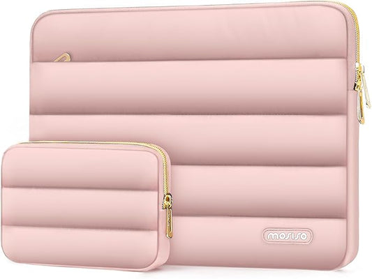 MOSISO Laptop Case 16 inch, 15-15.6 inch Puffy Laptop Sleeve Compatible with MacBook Pro 16 M5 M4 M3 M2 M1, HP Dell ASUS Acer Toshiba Lenovo, Polyester Horizontal Bag with Small Case, Pink