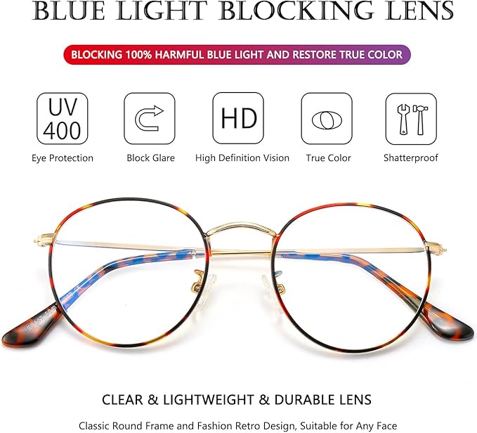 AIEYEZO Blue Light Glasses for Women Men Fashion Retro Circle Wire Frames Eyeglasses Anti-Blue Light Computer Gaming Glasses