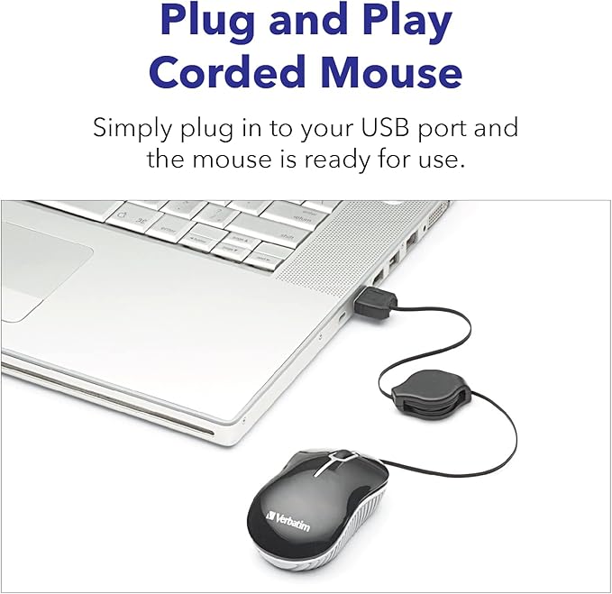 Verbatim Wired Optical Computer Mini USB-A Mouse - Plug & Play Corded Small Travel Mouse with Retractable Cable ?€? Blue 98616
