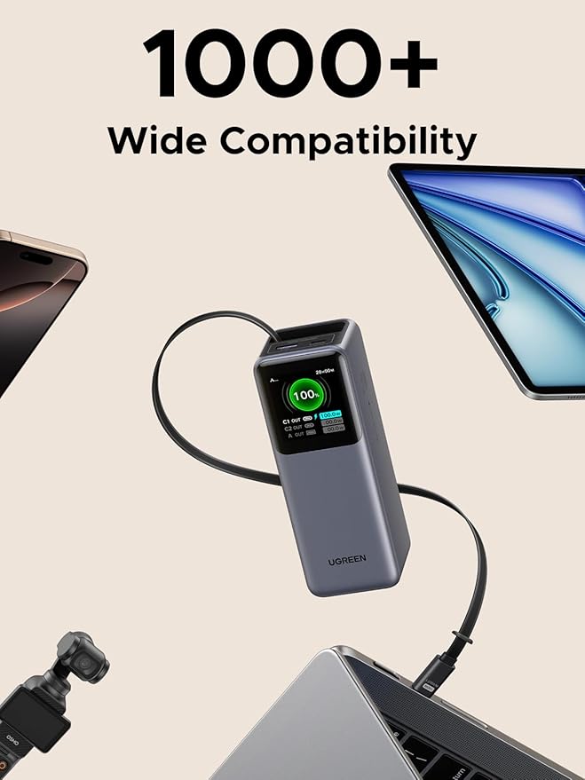 UGREEN Nexode Power Bank 20000mAh 165W with Built-in USB C Cable Laptop Travel Portable Charger, 100W Input, Fast Charging for MacBook Pro/Air/iPhone 17/16/iPad Pro/Galaxy S26 Ultra/Dell/HP and More