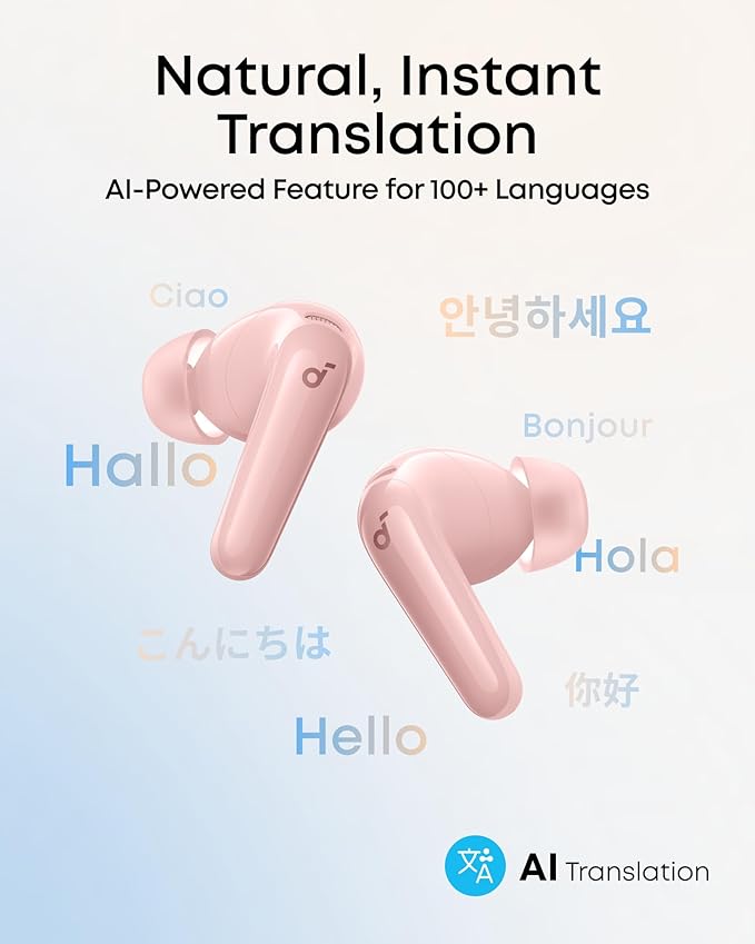 Soundcore P31i by Anker, Real-Time Adaptive Noise Cancelling, Hi-Res Sound, Translation Earbuds, 50H Playtime, Wireless Earbuds, Bluetooth Earphones, Spatial Audio, Fast Charging, IP55 (Pink)