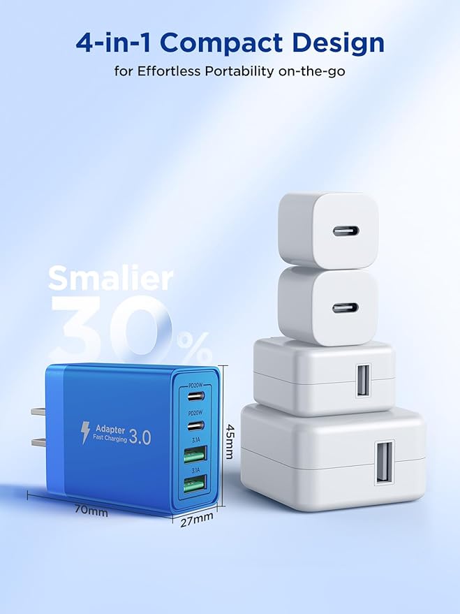 USB C Charger Block, 40W 4-Port Fast Charger 20W Type C Charging Block 3.1A USB Wall Charger Dual Port PD+QC Charging Cube for iPhone 16 15 14 13 12 Pro Max XS, iPad, Samsung Phone (Blue)