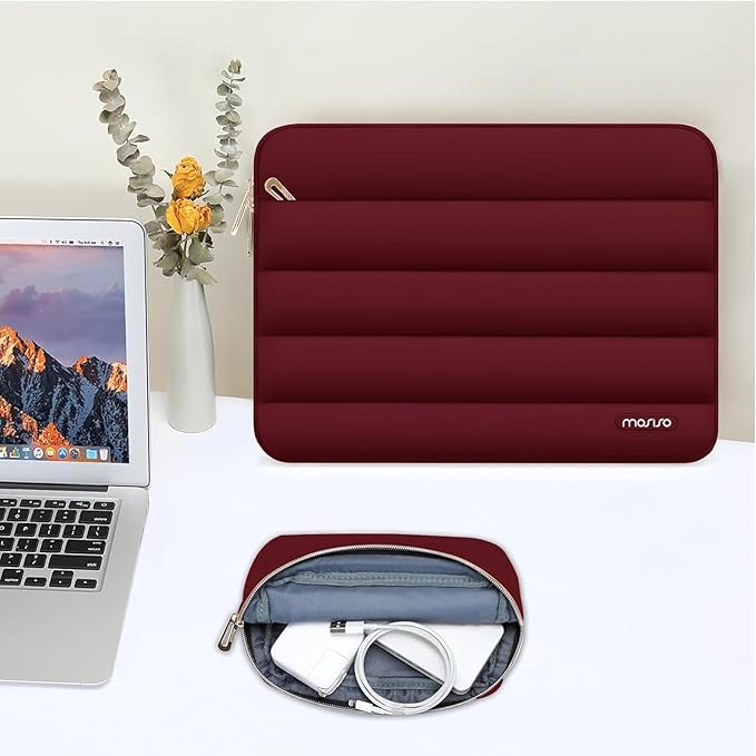MOSISO Laptop Case 13.3 inch,13-13.3 inch Puffy Laptop Sleeve Compatible with MacBook Air 13.6 M5 M4 M3 M2 M1/Neo/Pro 13/14,HP Dell ASUS Lenovo,Polyester Horizontal Bag with Small Case, Red