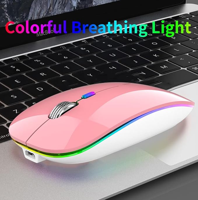 Uiosmuph LED Wireless Mouse, G12 Slim Rechargeable Silent Mouse, 2.4G Portable USB Optical Wireless Computer Mice with USB Receiver and Type C Adapter (Pink)