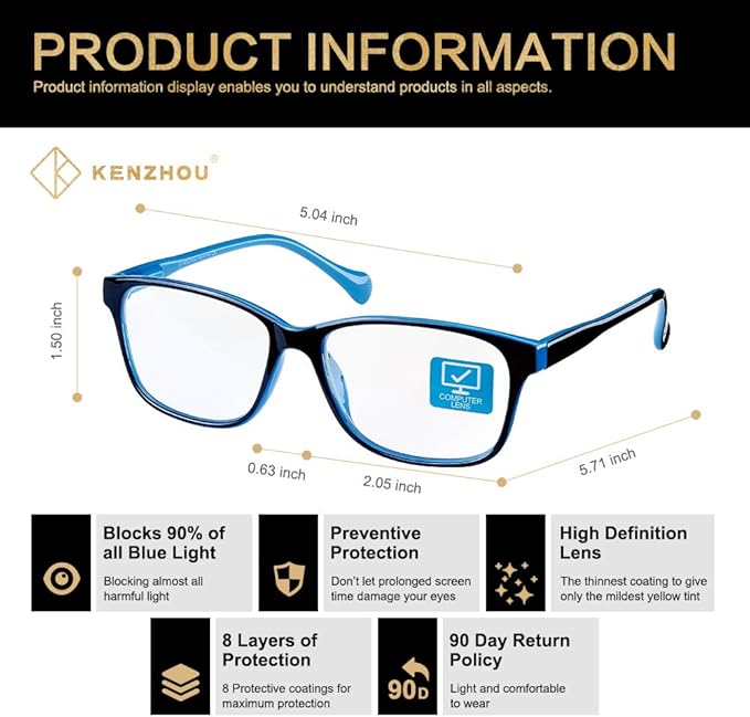 K KENZHOU Blue Light Glasses for Woman Men Bluelight Blocking Glasses for Computer Gaming Phones,Anti Eye Strain & UV Glare