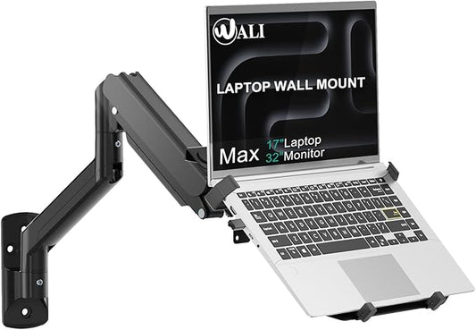 WALI Laptop Wall Mount, Fully Adjustable Laptop Arm Fits 10 to 17" Notebook, 2-in-1 Monitor Wall Mount for 17 to 32" Computer Screen, Holds up to 15.4-22lbs(GSWM001NLP), Black