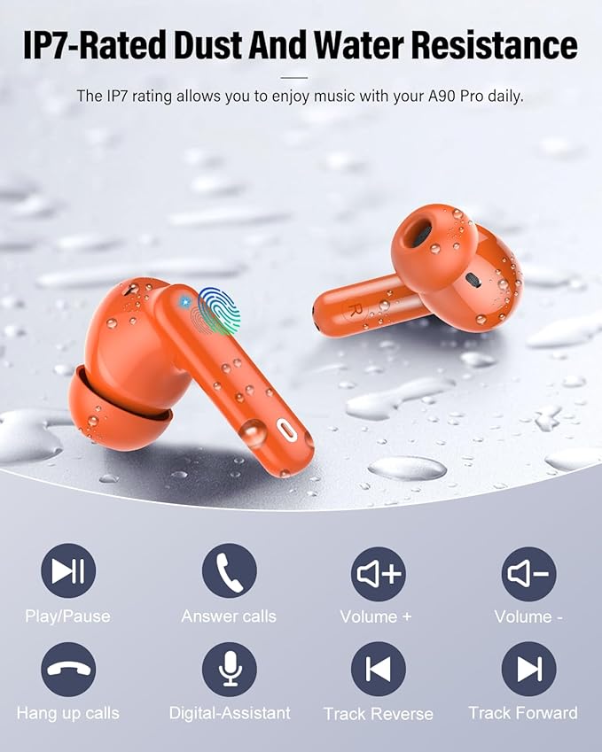 Wireless Earbuds, Bluetooth 5.4 Headphones Bass Stereo, Ear Buds with Noise Cancelling Mic, IP7 Waterproof in Ear Earphones, 36H LED Display Bluetooth Earbuds for Laptop Pad Phones, Deep Orange