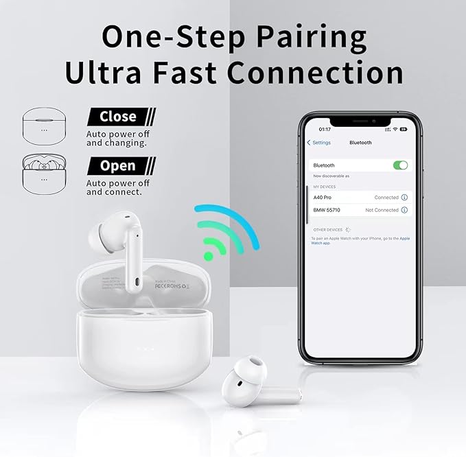 A40 Pro Wireless Earbuds, 50Hrs Playtime Bluetooth Earbuds Built in Noise Cancellation Mic with Charging Case, Bluetooth Headphones with Stereo Sound, IPX7 Waterproof Ear Buds for Phone