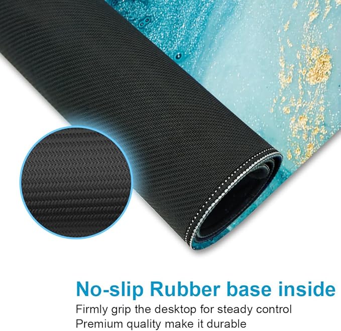 XXL Waterproof Office Desk Pad Protector 35.4x15.7 Inch - Extended Gaming Mouse Pad with Non-Slip Rubber Base, Thickened Keyboard Mat, Stitched Edges & Blue Marble Design