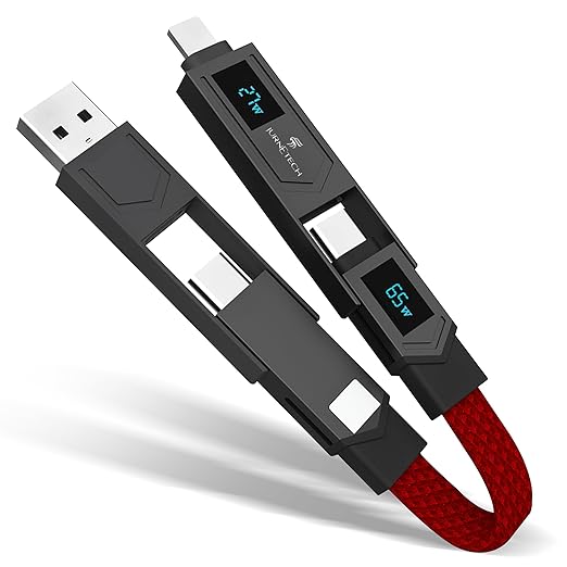 Magnetic 4 in 1 Multi Charging Cable with LED Display, Portable Keychain Charger, Lightning/Type C/USB A/USB C Ports for iPhone iPad Mac, AirPods Samsung Google, (65W) (Red) MFI Certified