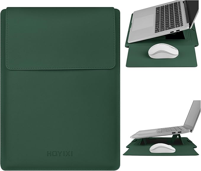 HoYiXi 15.6" Laptop Sleeve Case PU Leather with Stand Compatible with MacBook Pro 16/15.4'' MacBook Pro 15, Mac Air 15/ Dell, Matebook,Asus,15-16'' Laptop Bag,(Patent Pending),Dark Green