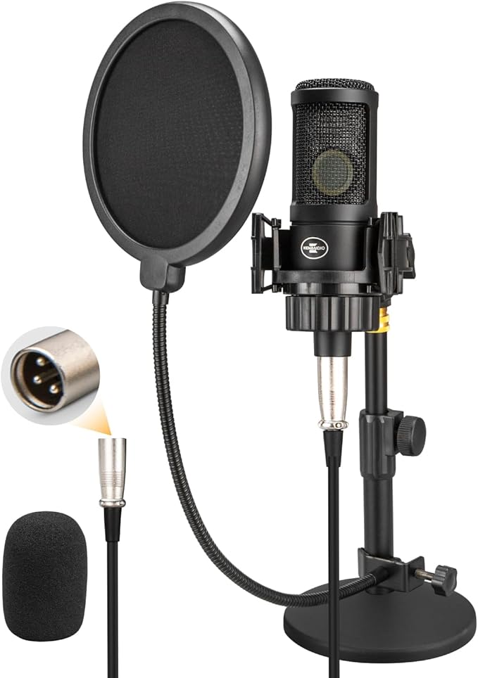 XLR Condenser Microphone with 26mm Large Diaphragm, Professional Cardioid Recording Studio Mic Kit with Metal Desktop Stand, Pop Filter for Streaming, Podcasting, Gaming, Voice-Over, Vocal, Youtube