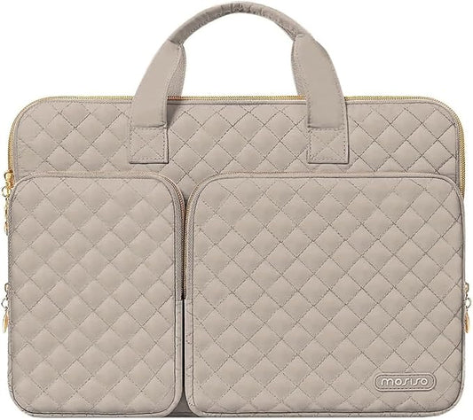 MOSISO 360 Protective Laptop Case 13.3 inch, 13-13.3 inch Laptop Sleeve Compatible with MacBook Air/Pro 13/Pro 14,HP Dell ASUS Lenovo, Square Quilted Bag Cover with 2 Pockets&Handle&Belt, Taupe Brown