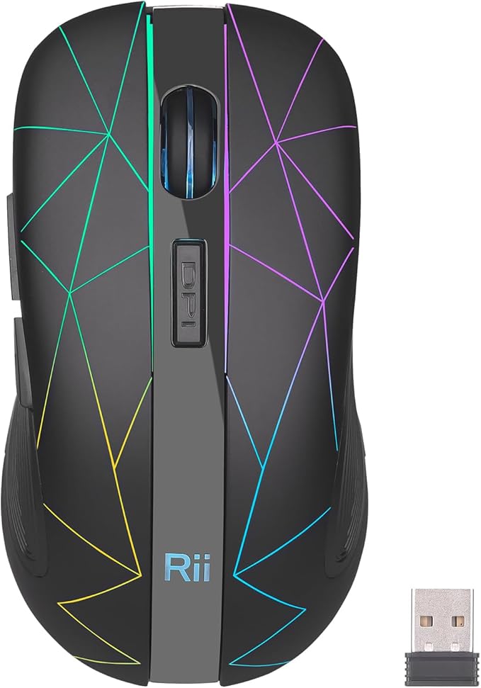Rii RM200 2.4G Wireless Mouse with USB Nano Receiver, 5 Buttons Rechargeable Mouse,Colorful Backlit RGB Gaming Mouse for Notebook,PC,Computer-Black