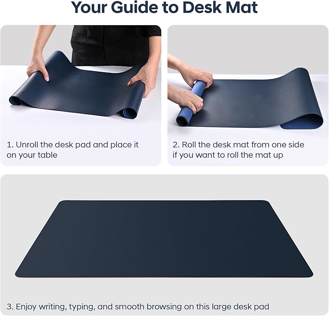 Leather Desk Pad Protector, Office Desk Mat, Large Mouse Pad, Non-Slip PU Leather Desk Blotter, Waterproof Computer Desk Writing Pad for Office and Home (Dark Blue, 31.5" x 15.7")